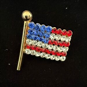 Vintage Gold American Flag Brooch with Red, White, and Blue Crystals Made in USA